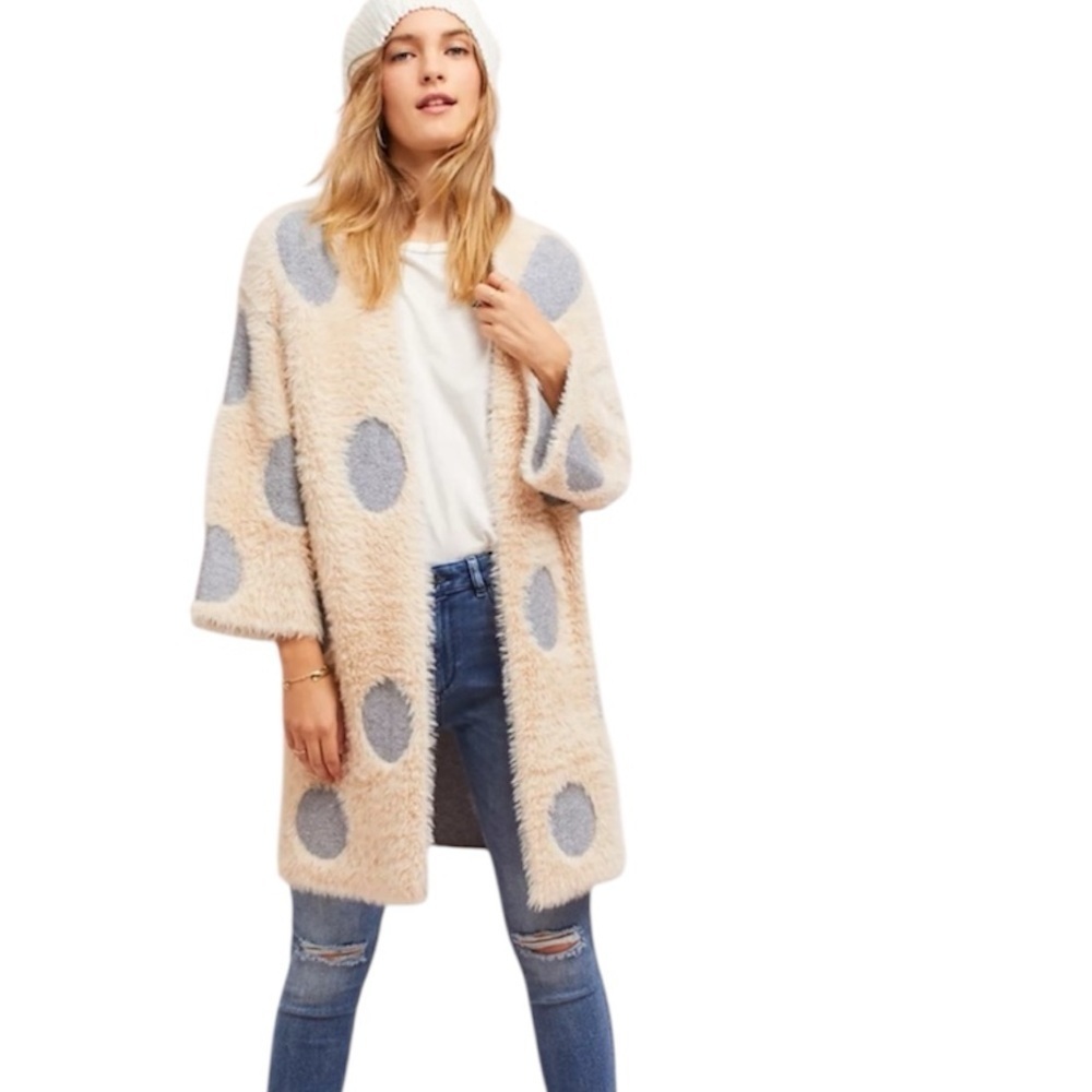 Anthropologie Moth Eyelash Polka Dot Long Cardigan Sweater XS/S Women’s Fuzzy